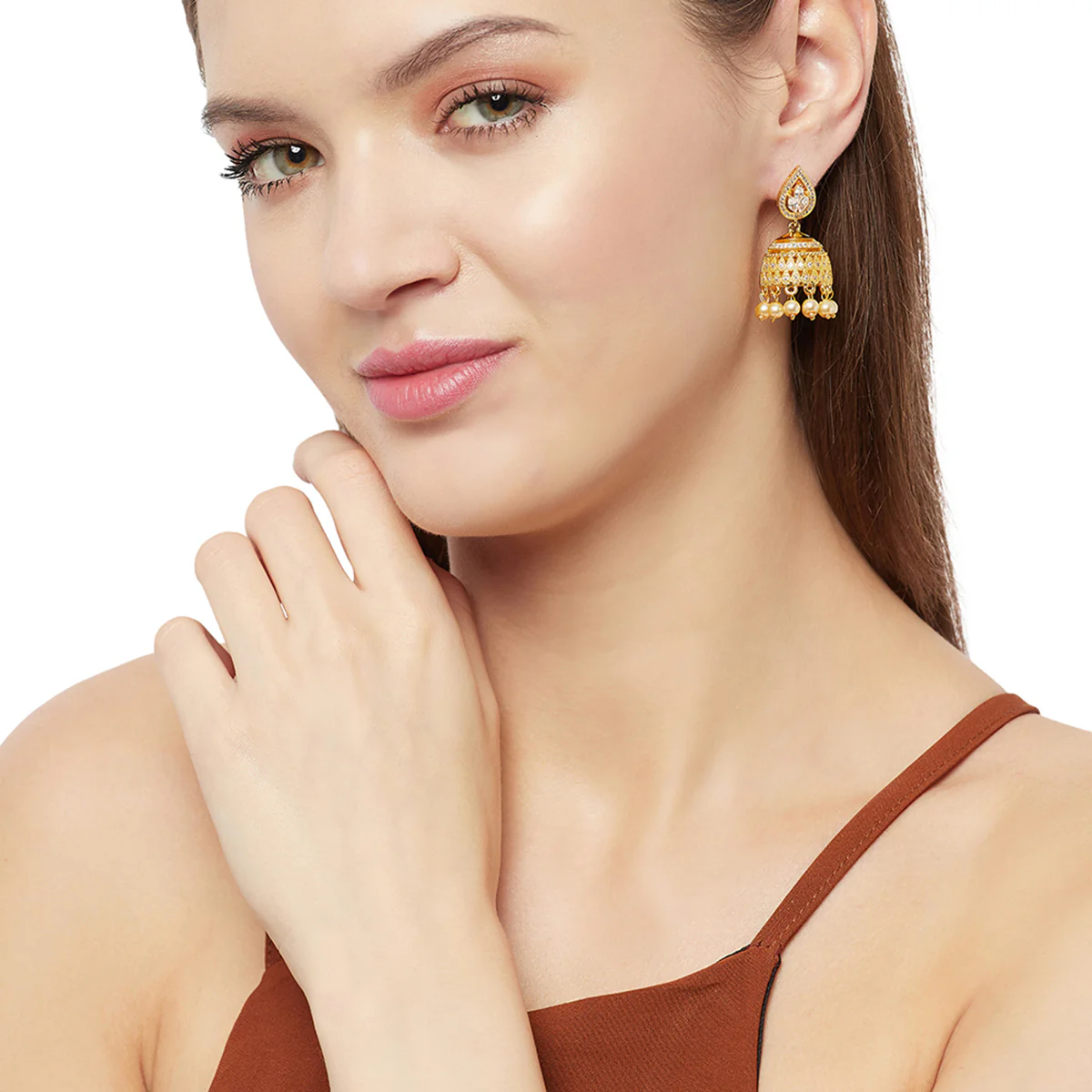 Gold Toned Pearl Beads Studded Jhumki's - Image 2