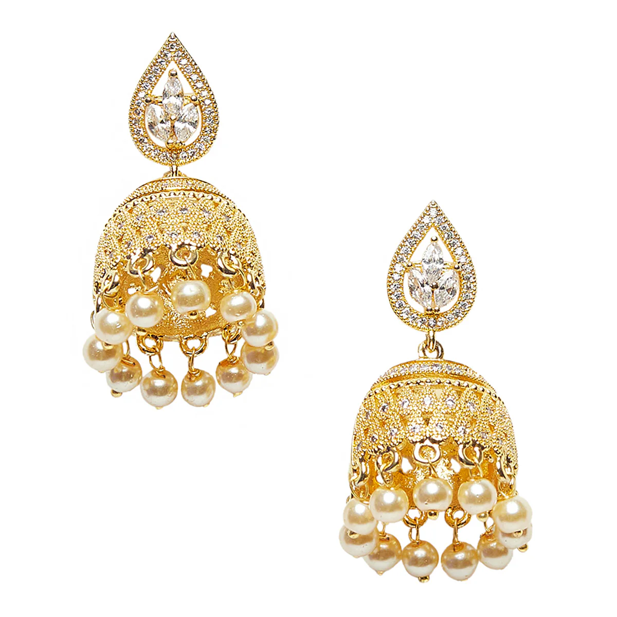 Gold Toned Pearl Beads Studded Jhumki's - Image 3