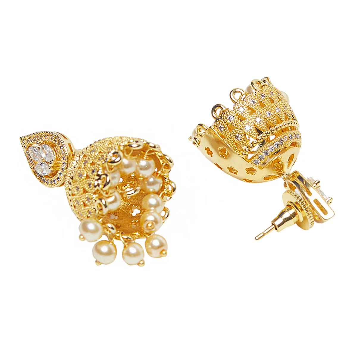 Gold Toned Pearl Beads Studded Jhumki's - Image 4