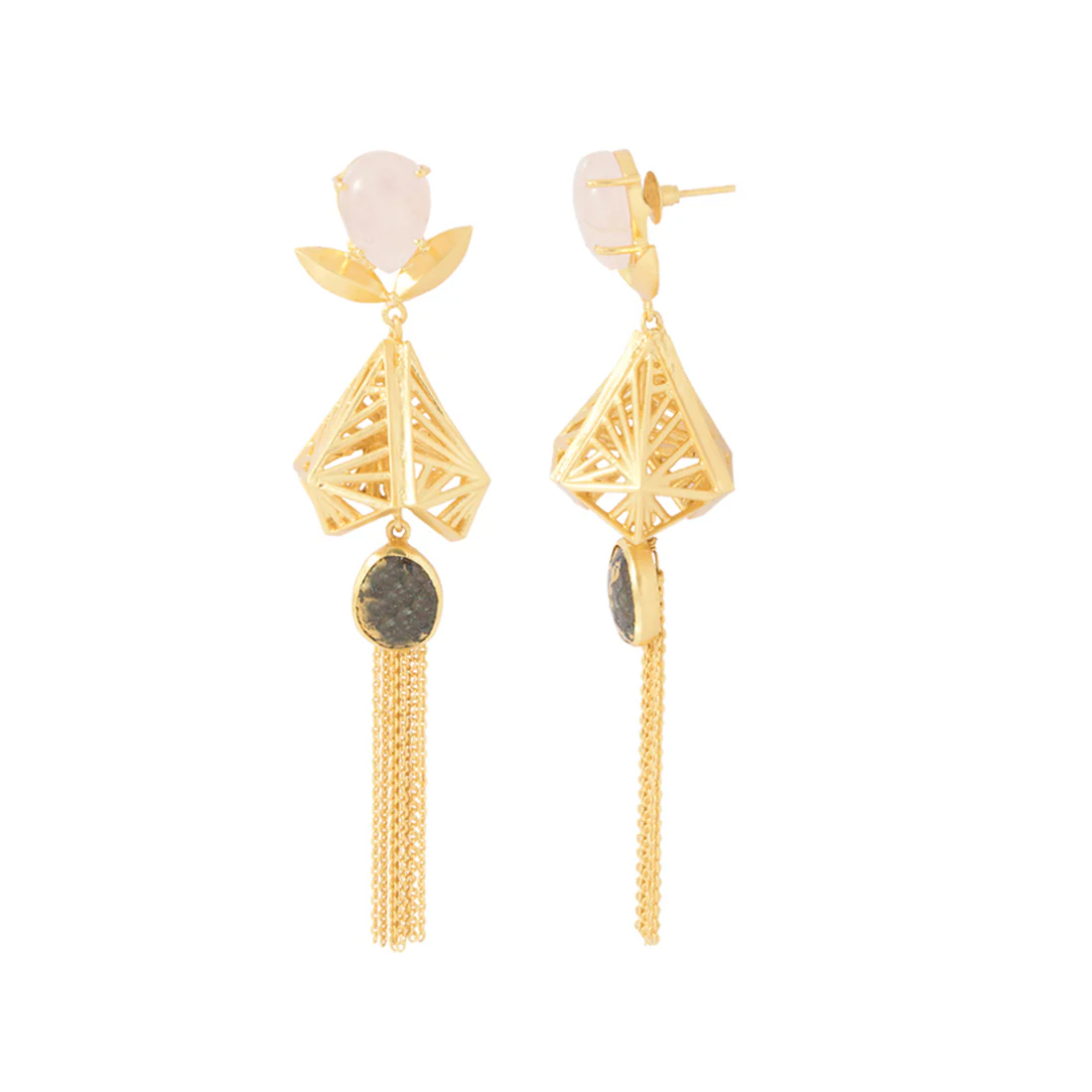 Gold Toned Tasselled Danglers Adorned With Pink-Green Stones - Image 2