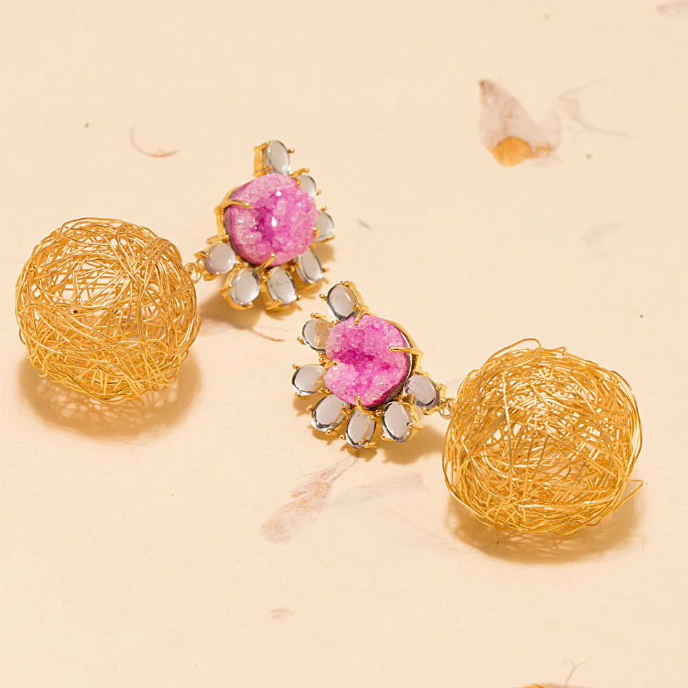 Golden Ball Drops Dangler Earrings Decked With Pink Druzy