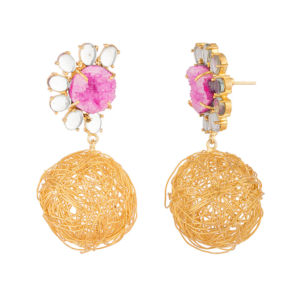 Golden Ball Drops Dangler Earrings Decked With Pink Druzy - Image 4