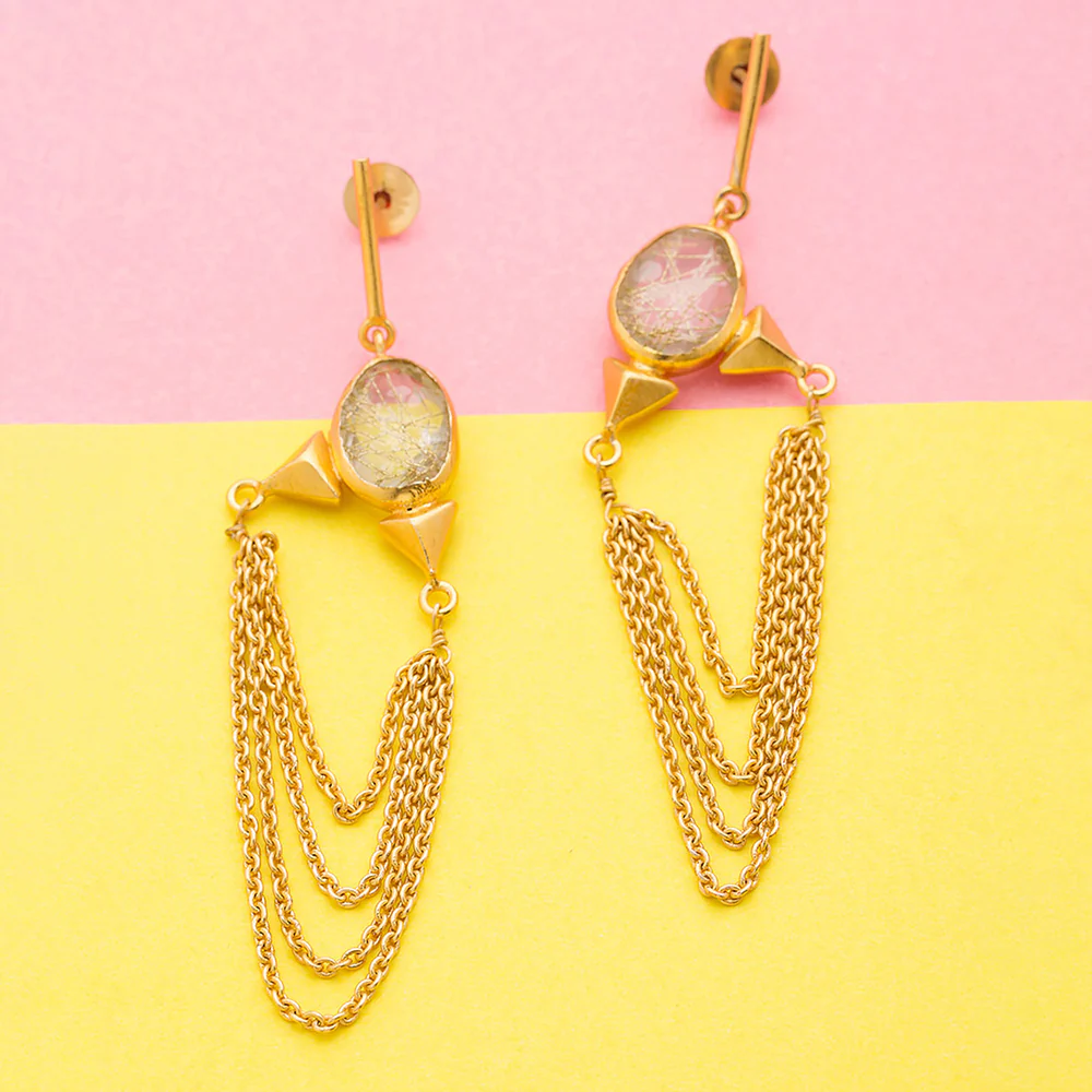 Golden Dangler Earrings Decked With White Transparent Stones