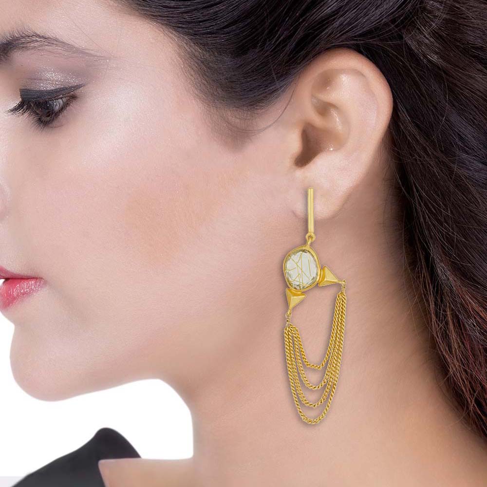Golden Dangler Earrings Decked With White Transparent Stones - Image 2