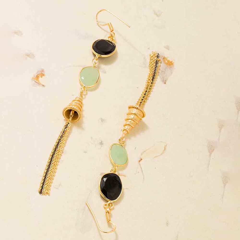 Golden Dangler Earrings Studded With Black Onyx & Green Peridot Stones
