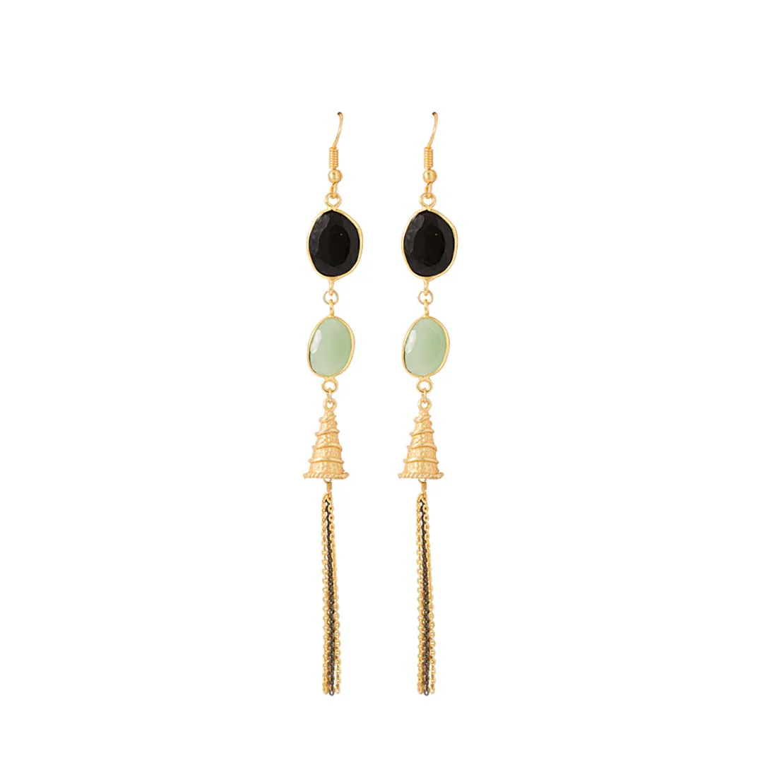 Golden Dangler Earrings Studded With Black Onyx & Green Peridot Stones - Image 2