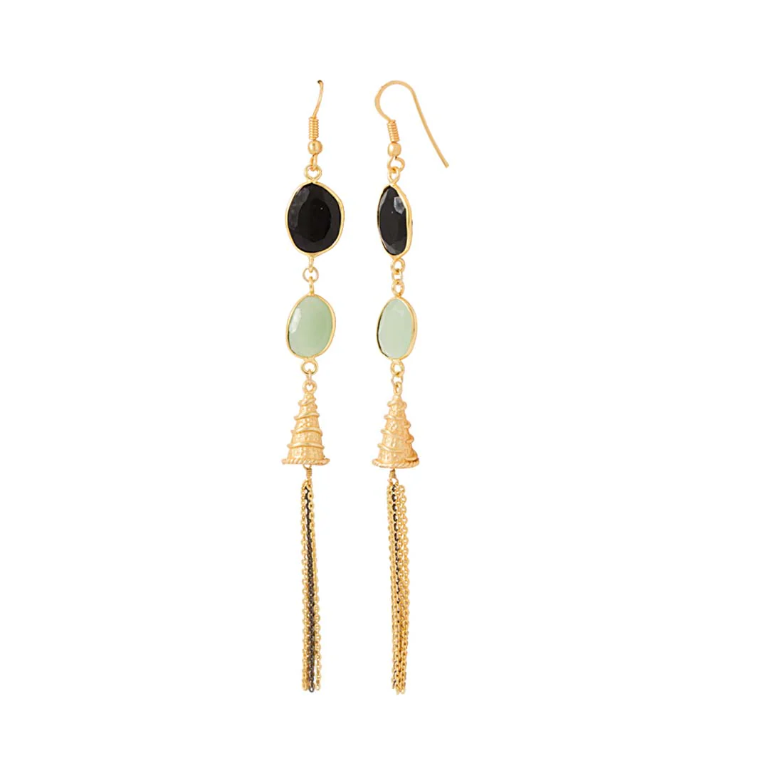 Golden Dangler Earrings Studded With Black Onyx & Green Peridot Stones - Image 3