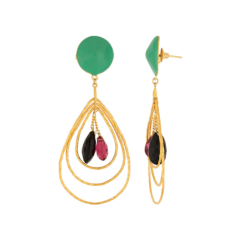 Golden Dangler Earrings Studded With Black Stone - Image 2