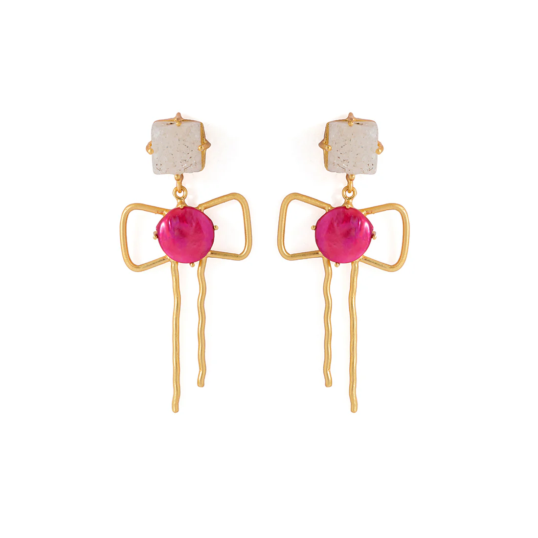 Golden Dangler Earrings Studded With White Agate & Pink Pearl