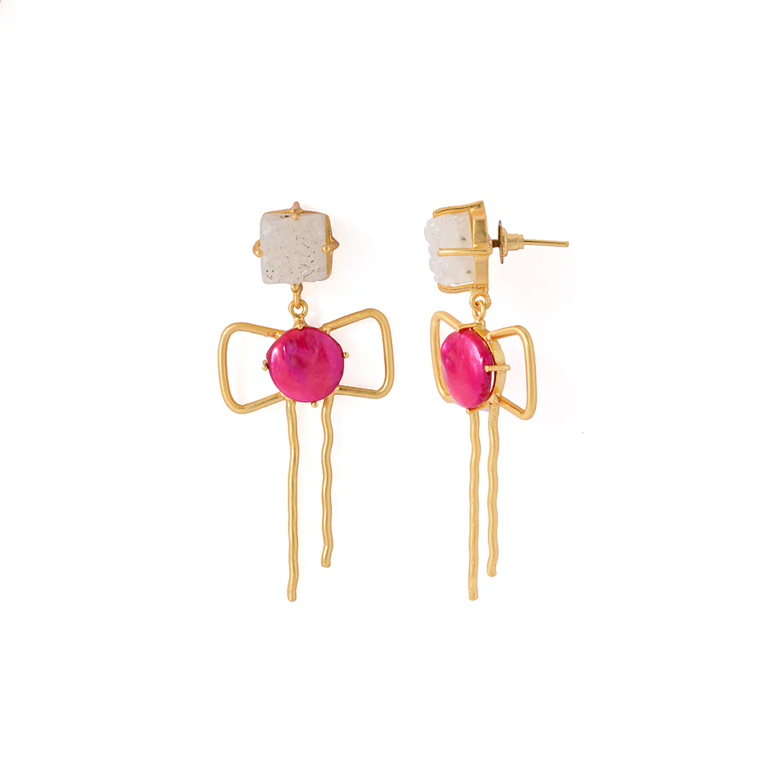 Golden Dangler Earrings Studded With White Agate & Pink Pearl - Image 2