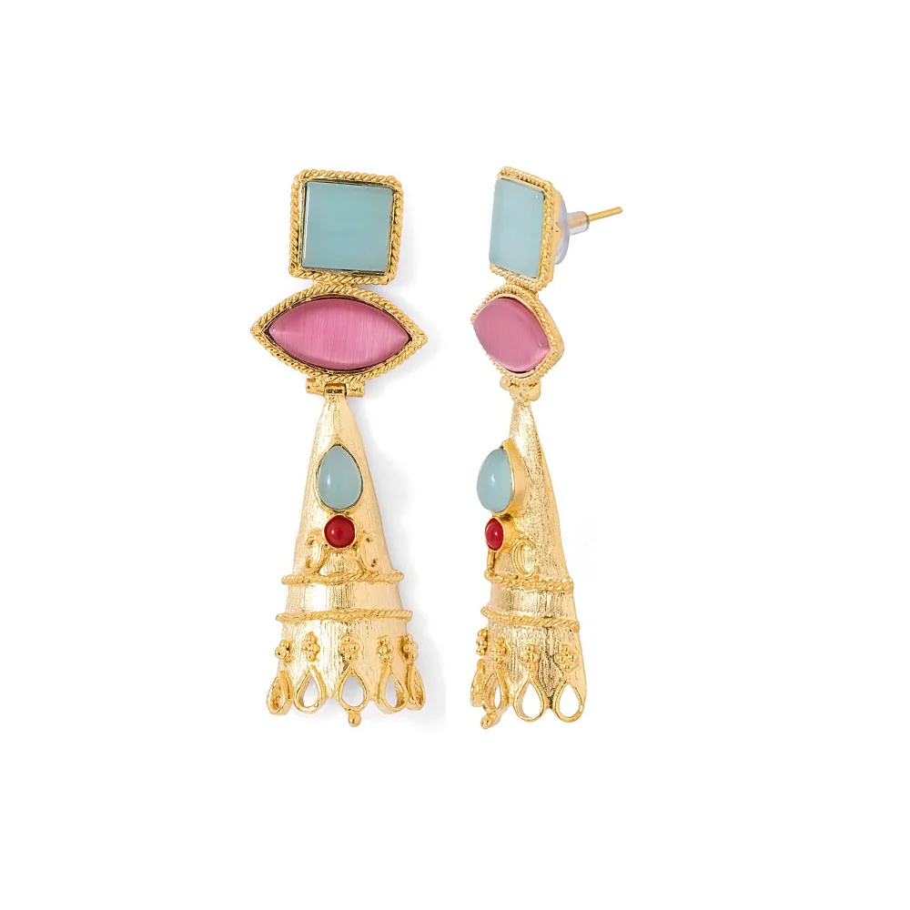 Golden Danglers Adorned With Multicolour Stones - Image 3
