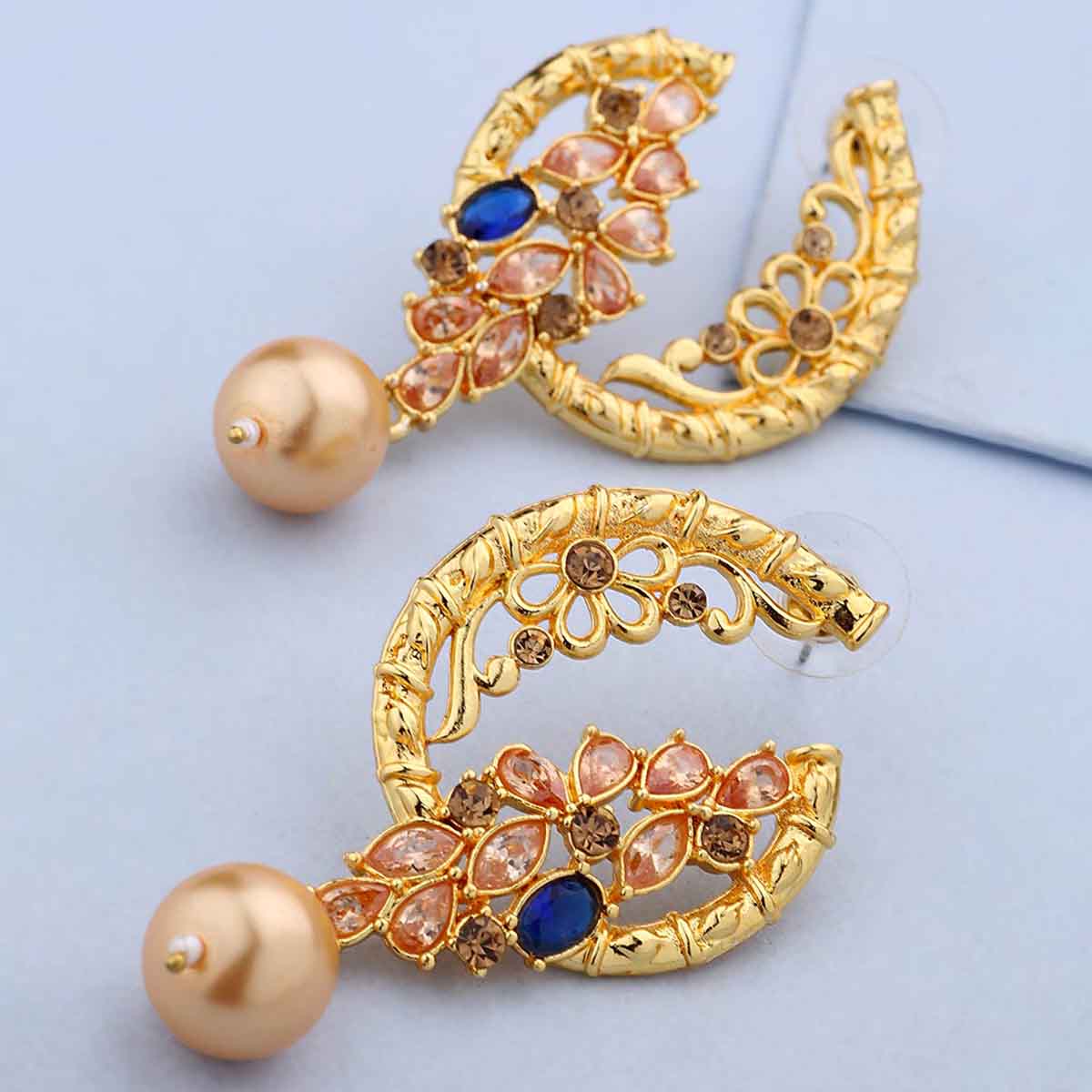 Golden Designer Danglers Earrings With Beige Stones & Pearl Beads
