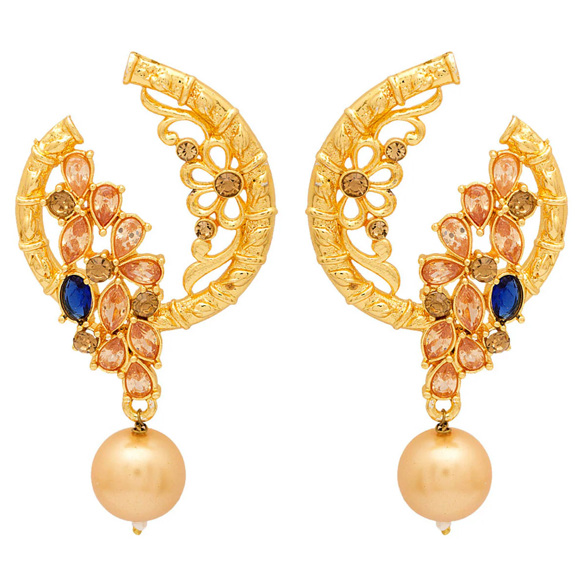 Golden Designer Danglers Earrings With Beige Stones & Pearl Beads - Image 2