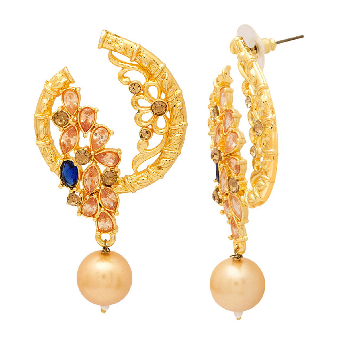 Golden Designer Danglers Earrings With Beige Stones & Pearl Beads - Image 3