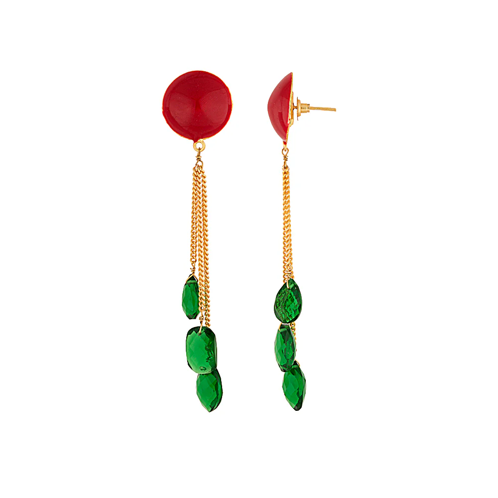 Golden Green Stone Decked Chain Dangler Earrings - Image 2