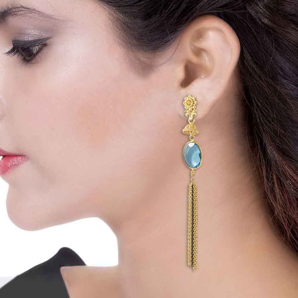 Golden Tassel Dangler Earrings Studded With Blue Topaz - Image 2