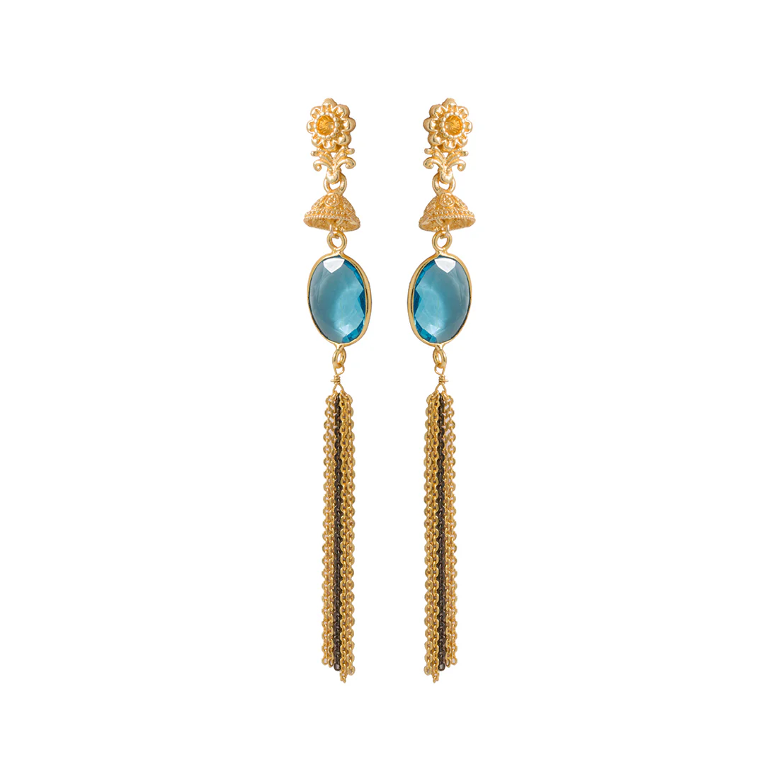 Golden Tassel Dangler Earrings Studded With Blue Topaz - Image 3