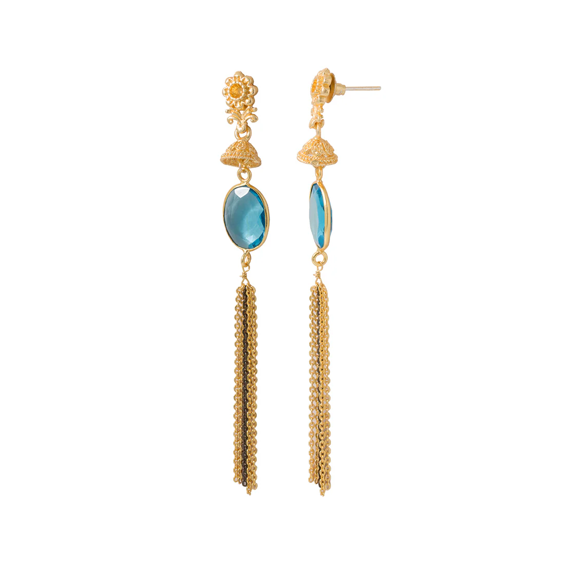 Golden Tassel Dangler Earrings Studded With Blue Topaz - Image 4