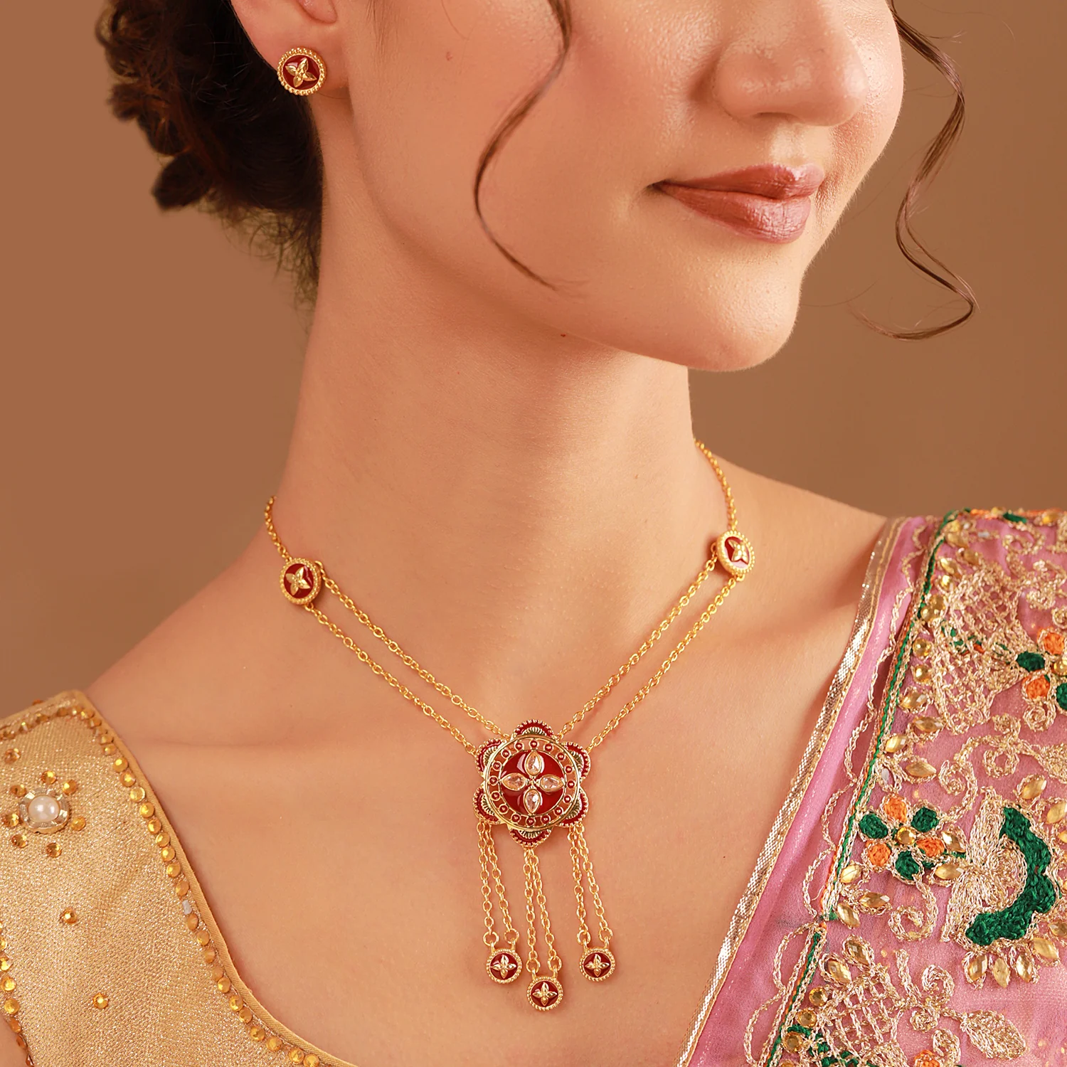 Gota Patti Surkhphool Necklace Set - Image 3