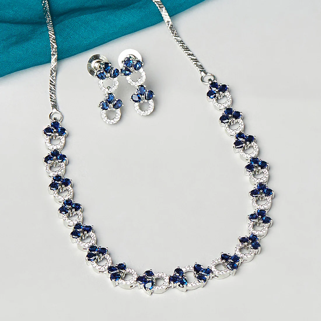 Graceful Sparkling Elegance Necklace Set with Blue and White CZ