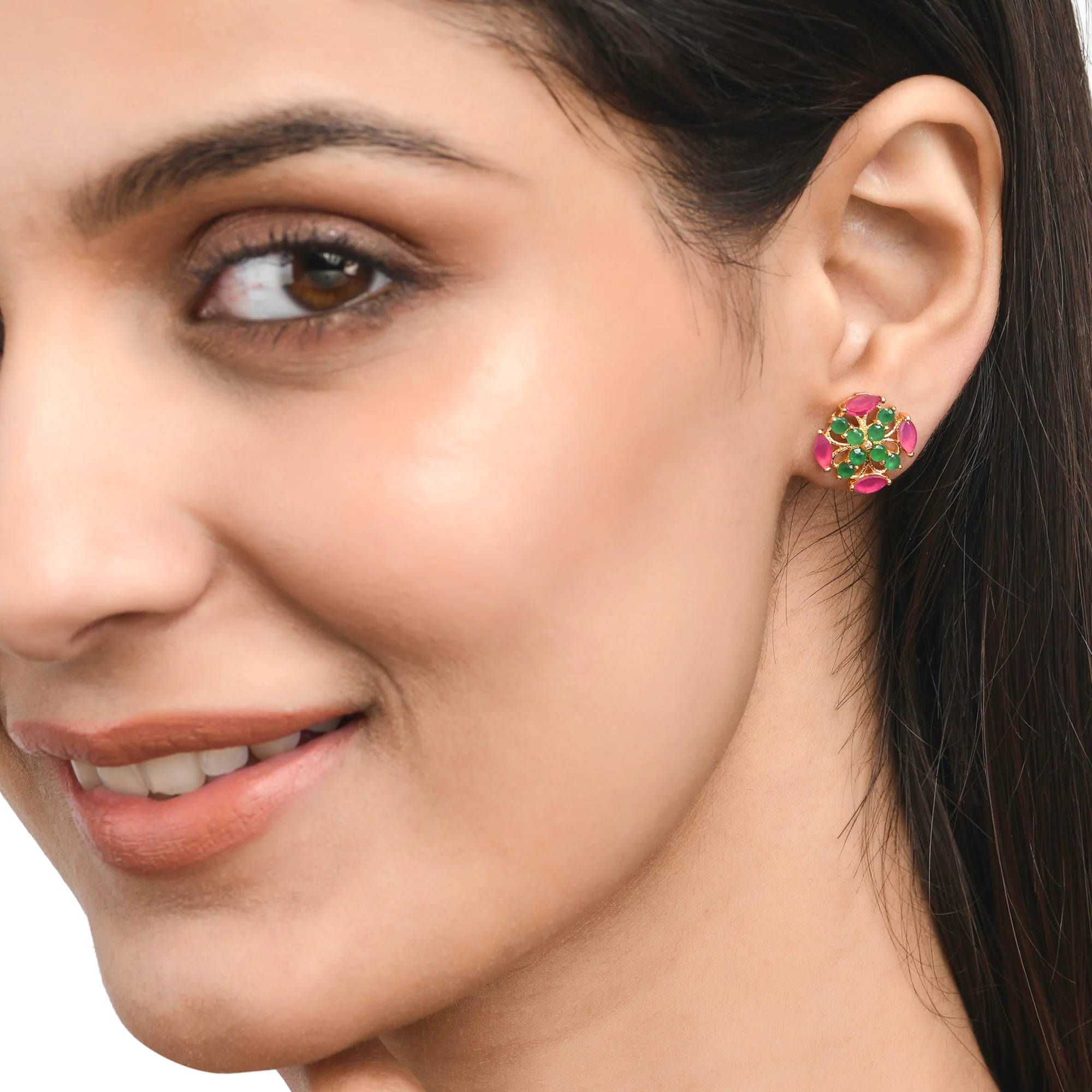 Green and Pink CZ Gemstones Stud Earrings - Image 2