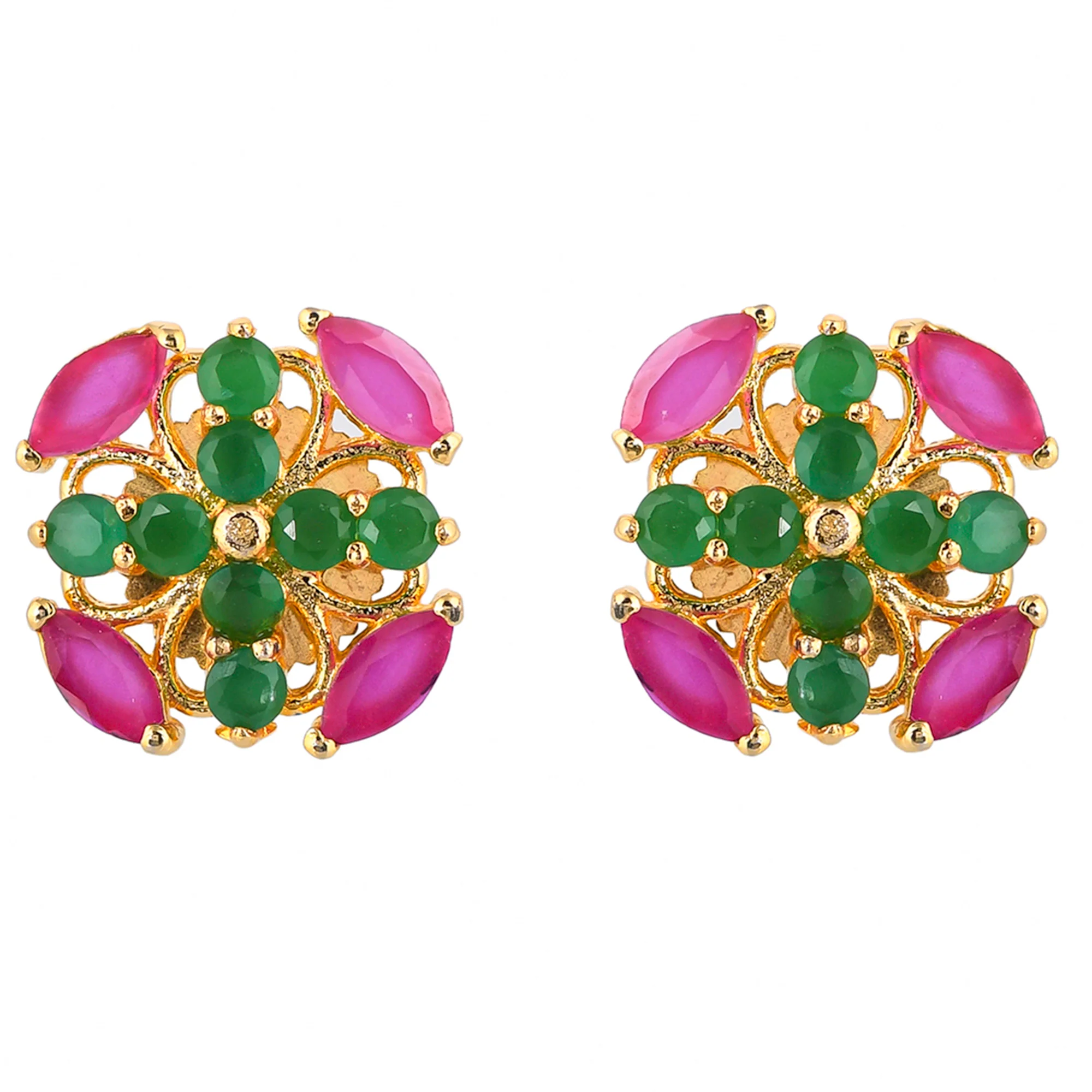 Green and Pink CZ Gemstones Stud Earrings - Image 3