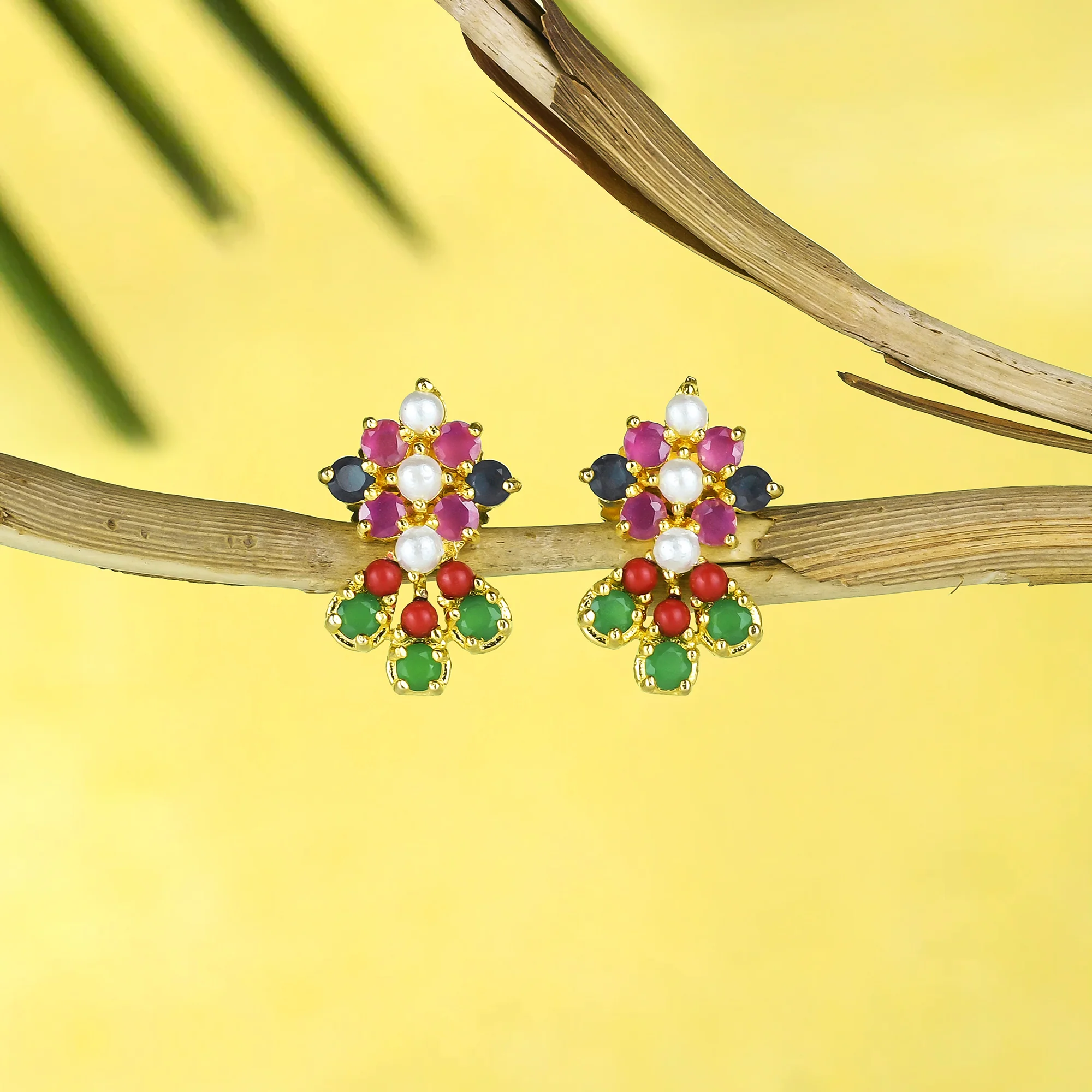 Green and Pink Teardrop Cut CZ Stud Earrings