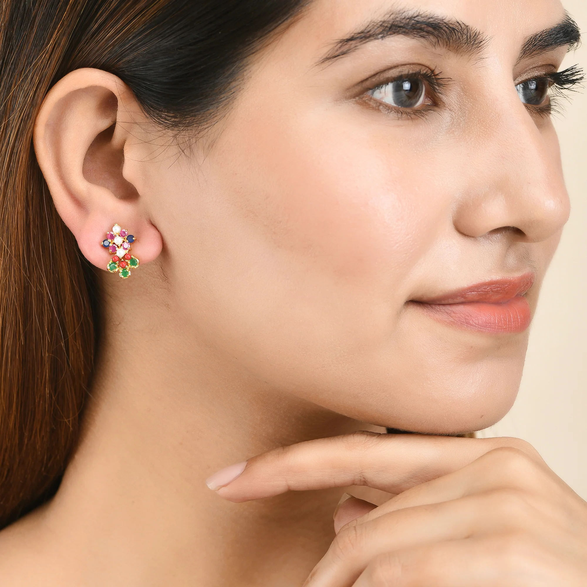 Green and Pink Teardrop Cut CZ Stud Earrings - Image 2
