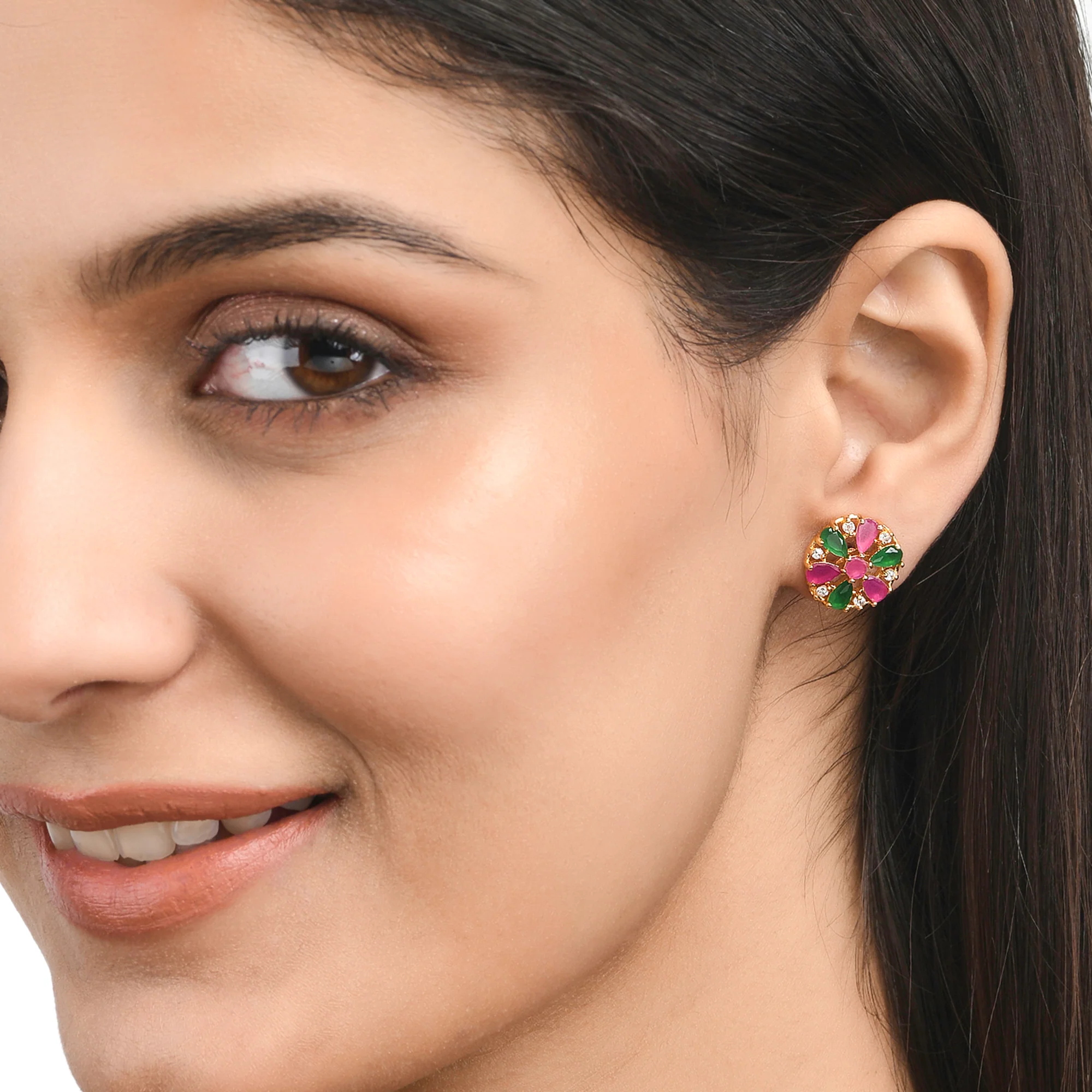 Green and Pink Teardrop Cut CZ Stud Earrings - Image 2