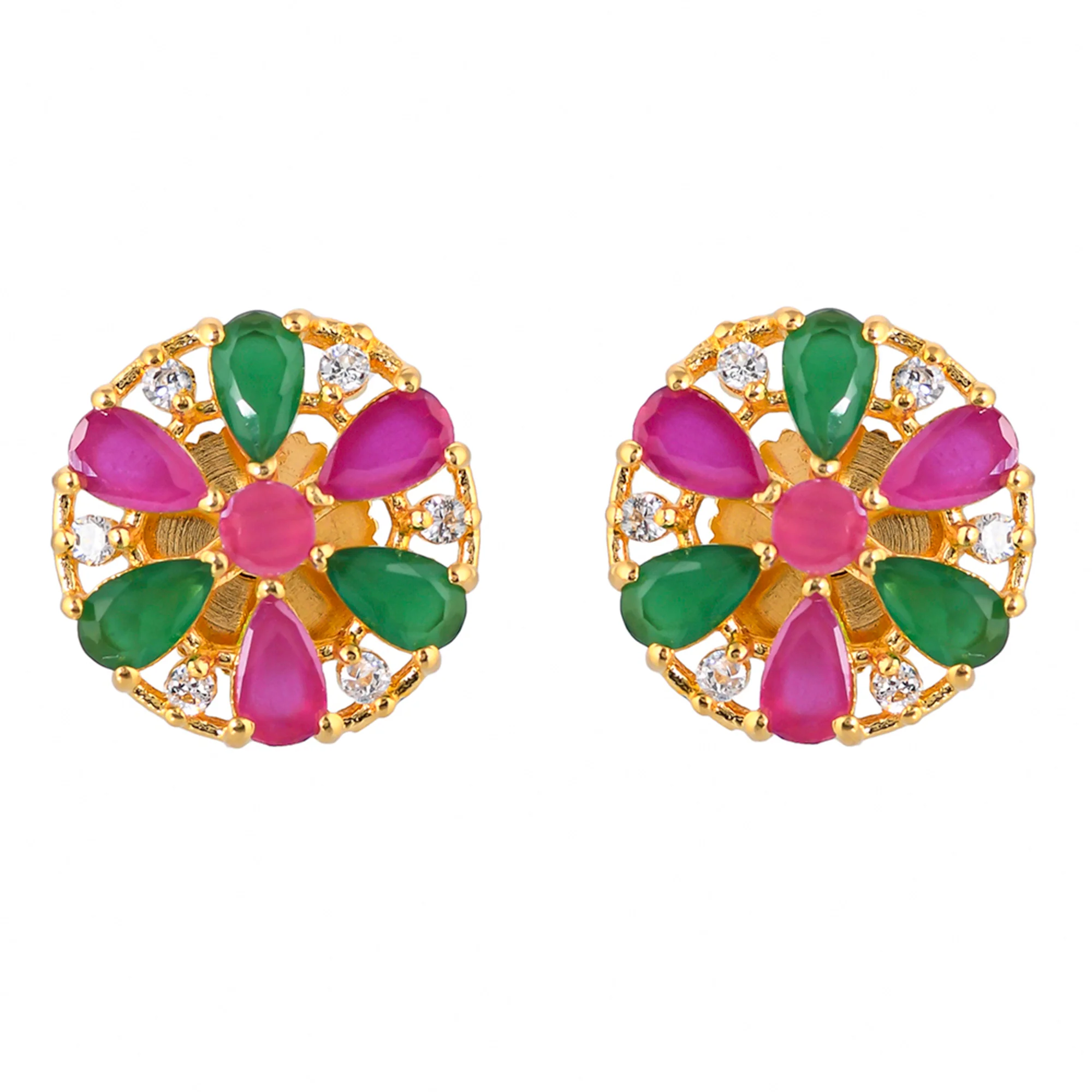 Green and Pink Teardrop Cut CZ Stud Earrings - Image 3