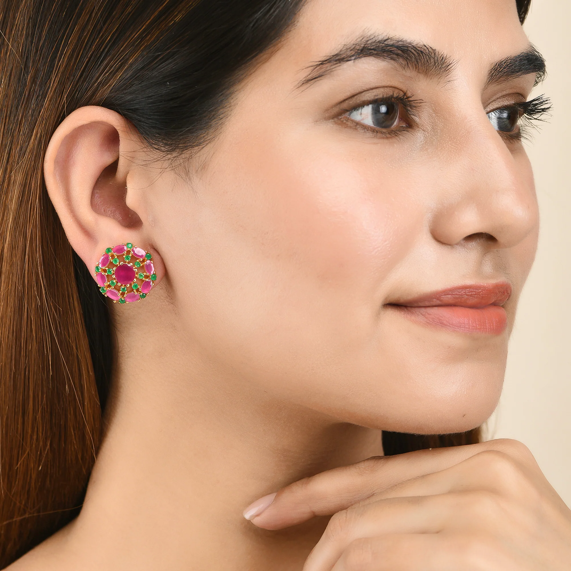 Green and Pink Zirconia Gemstones Round Stud Earrings - Image 2