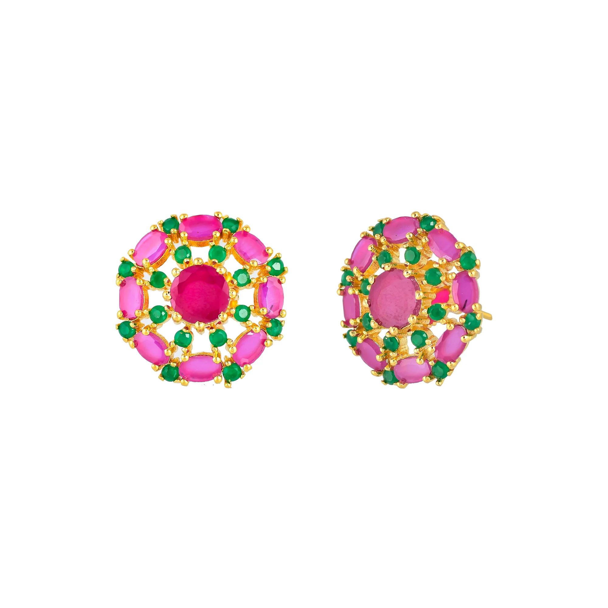 Green and Pink Zirconia Gemstones Round Stud Earrings - Image 4