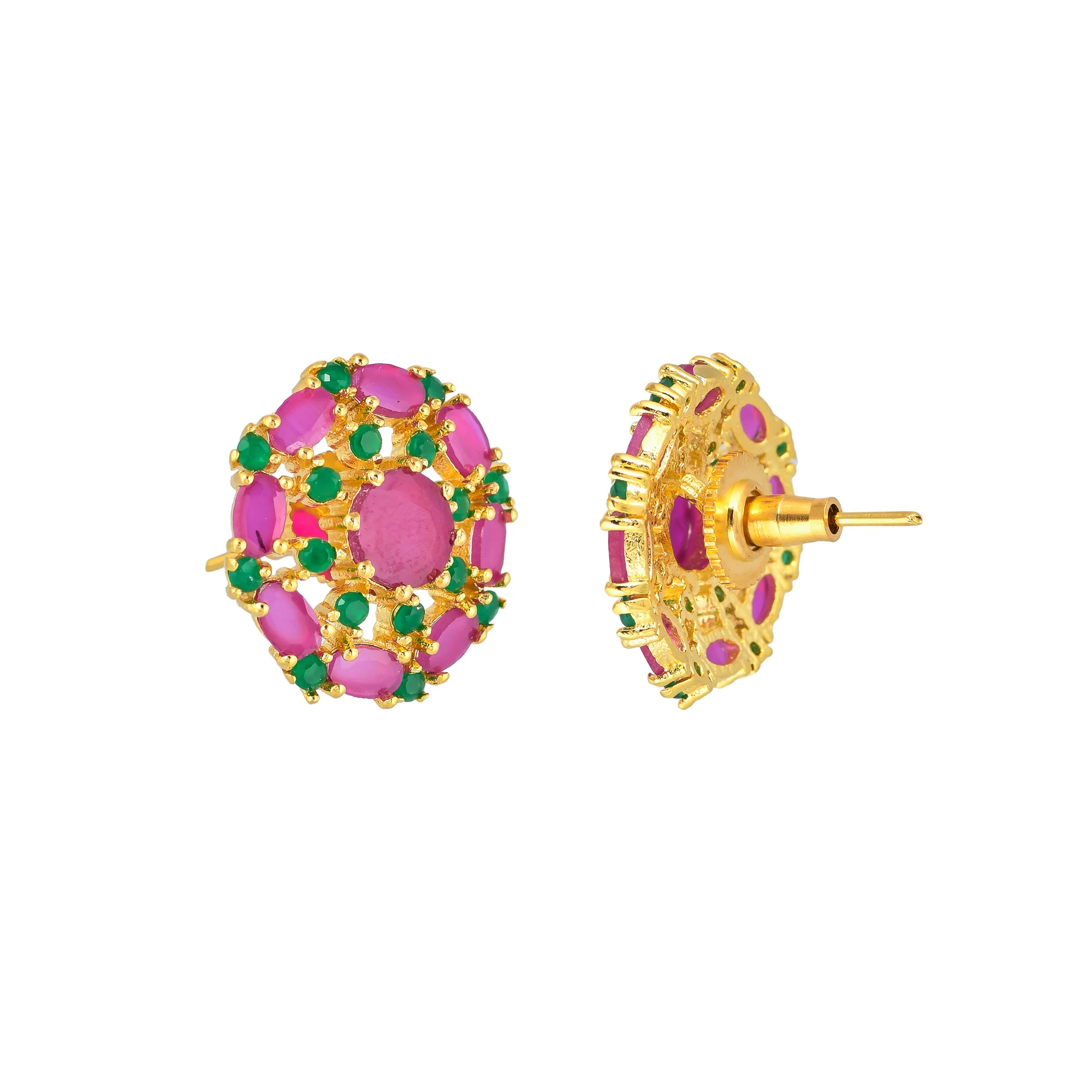 Green and Pink Zirconia Gemstones Round Stud Earrings - Image 5
