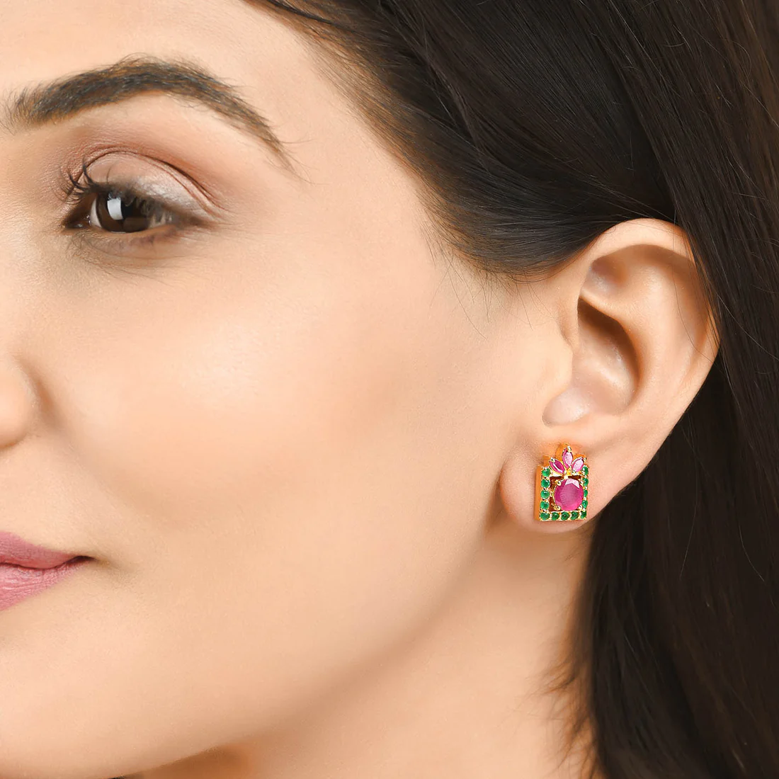 Green And Pink Zirconia Stud Earrings - Image 2