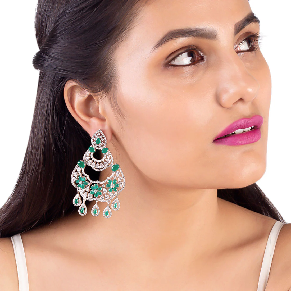 Green and White CZ Gems Earrings - Image 2