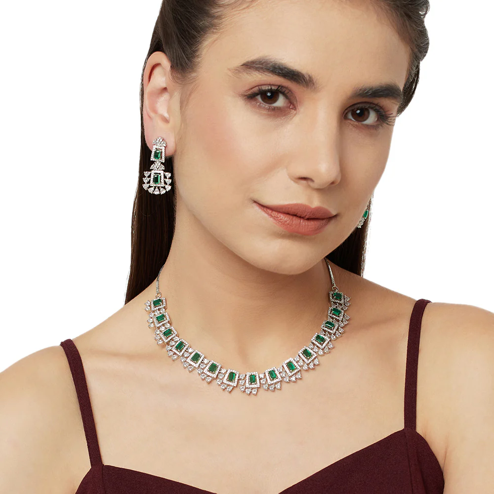 Green and White CZ Gems Necklace Set - Image 2