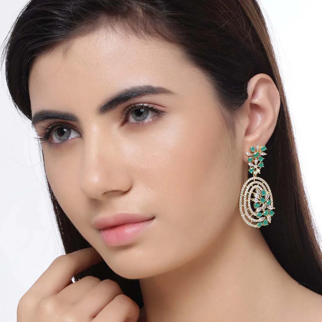 Green and White Gems Embellished Earrings - Image 2