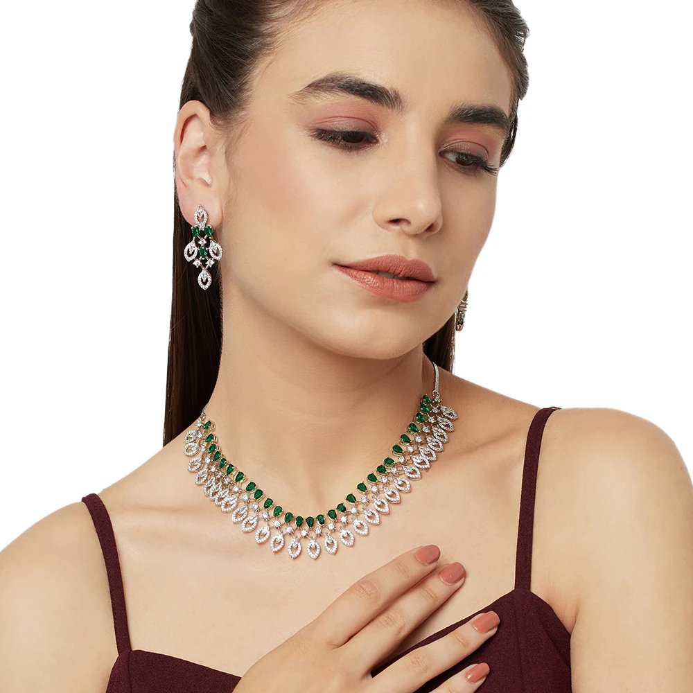 Green and White Teardrop Zircons Silver Plated Brass Jewellery Set - Image 2