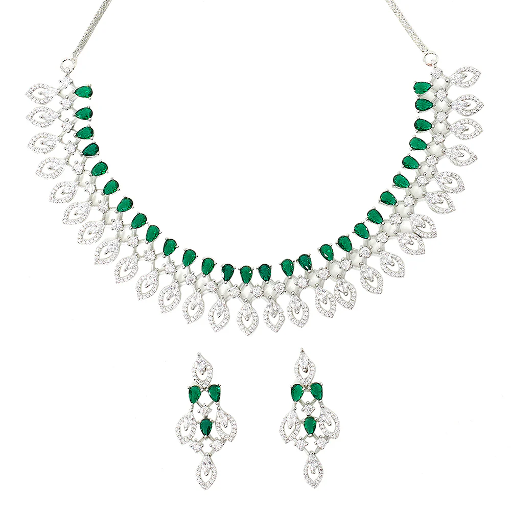 Green and White Teardrop Zircons Silver Plated Brass Jewellery Set - Image 3