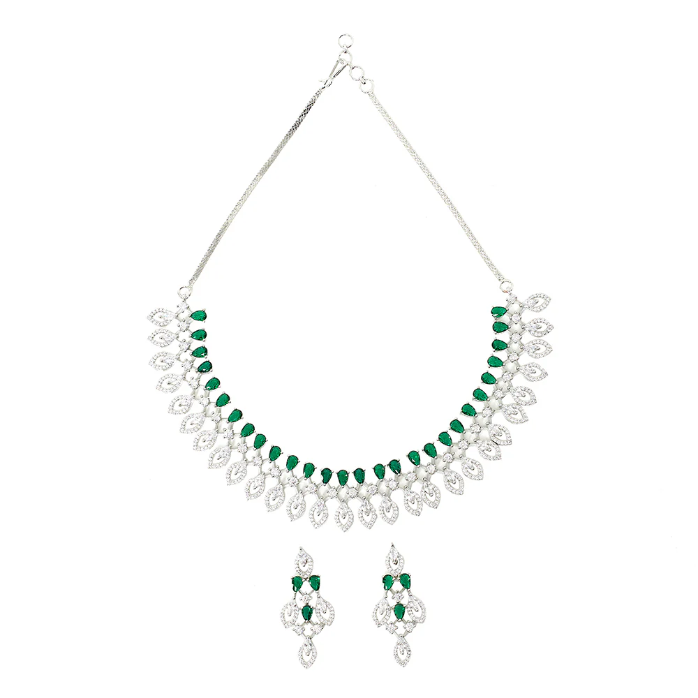 Green and White Teardrop Zircons Silver Plated Brass Jewellery Set - Image 4