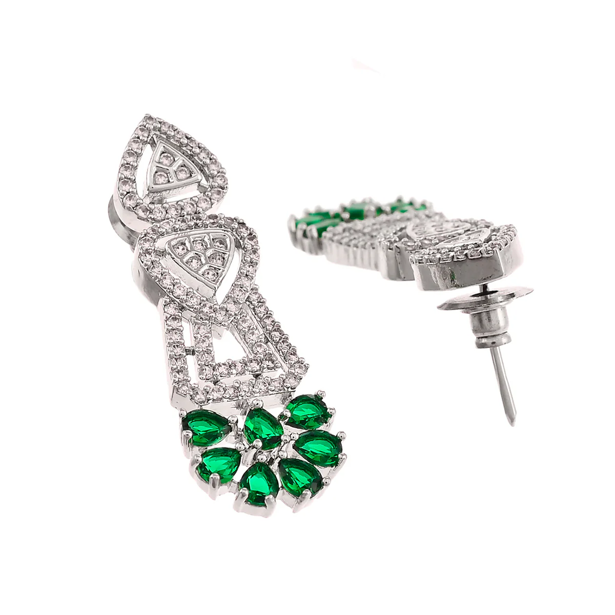 Green and White Triangle Cut CZ Adorned Brass Silver Plated Jewellery Set - Image 5