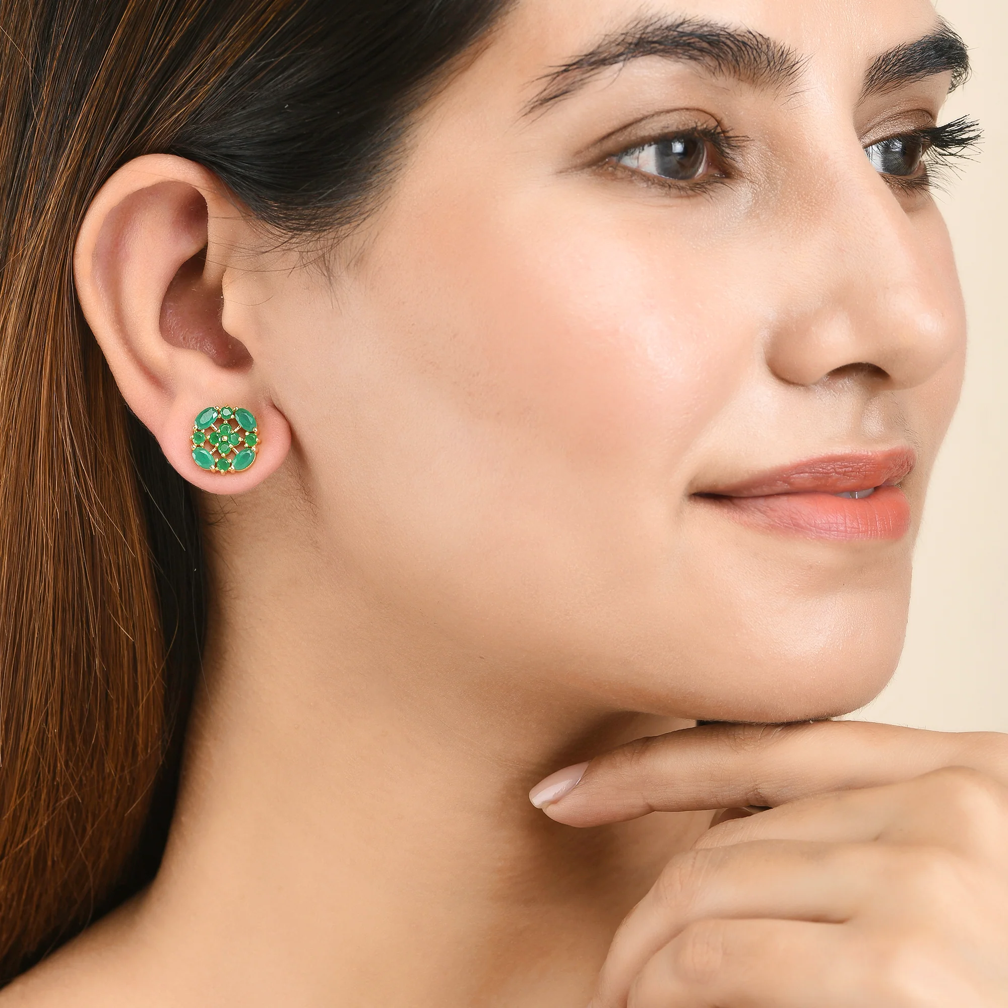 Green Cluster Setting CZ Casual Stud Earrings - Image 2