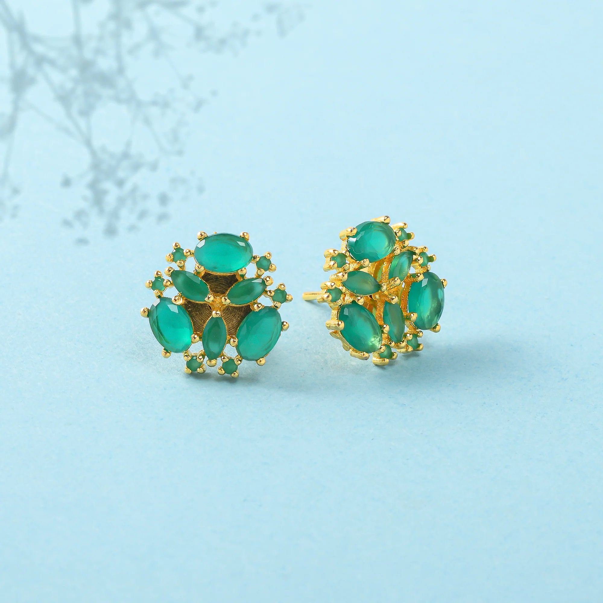 Green CZ Gems Gold Plated Stud Earrings