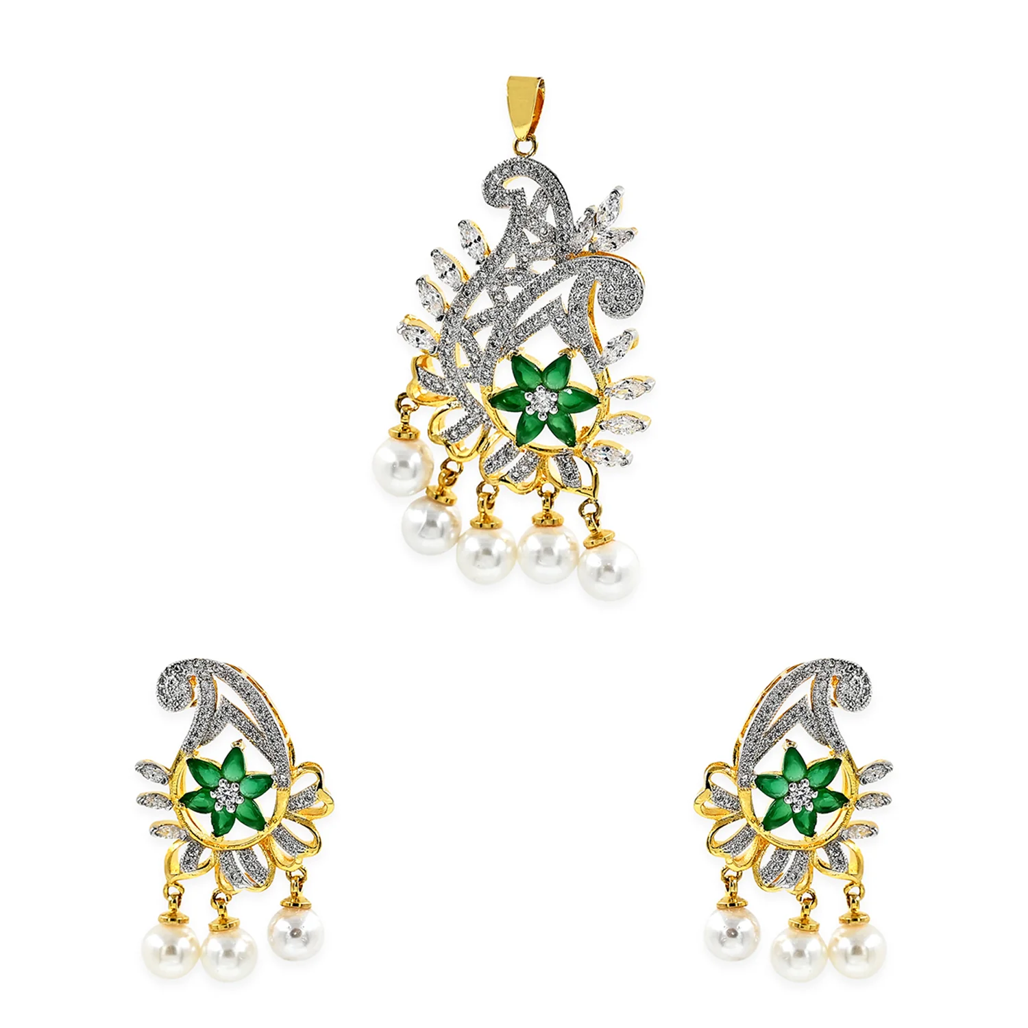 Green CZ Pearl Pendant Set - Image 3