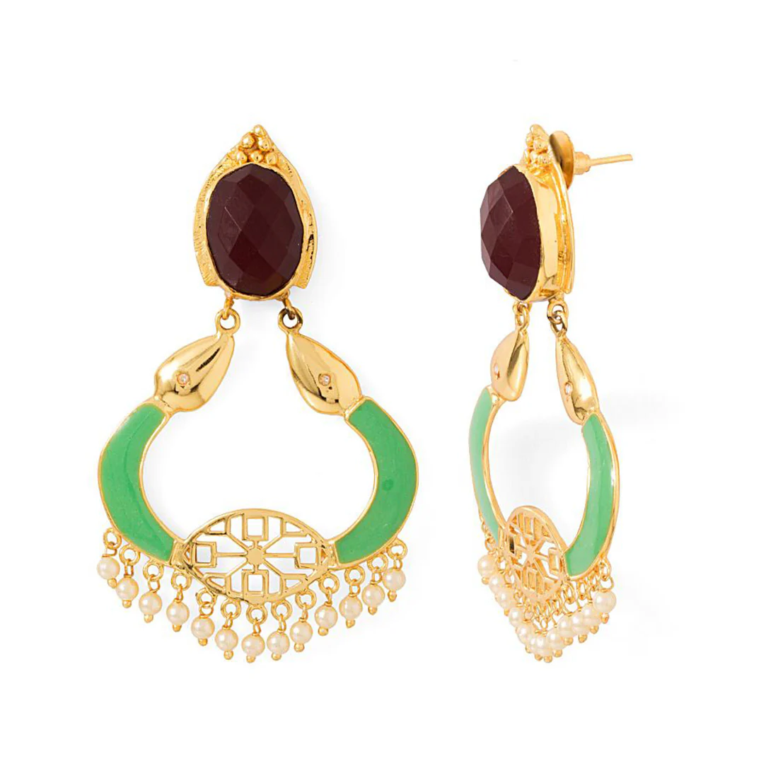 Green Enamelled Earrings Adorned With Maroon Stones & Pearl Beads - Image 2