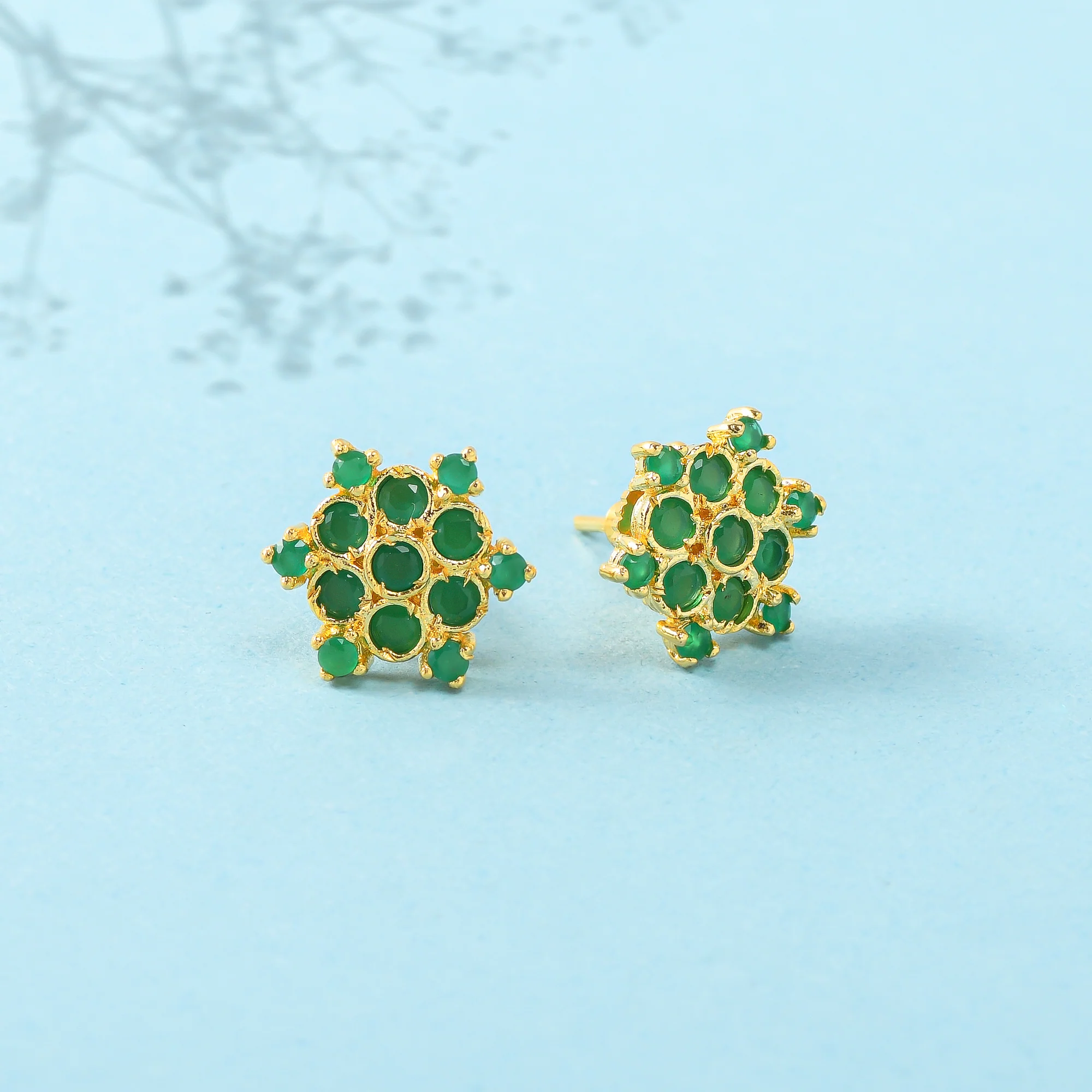 Green Round Cut Zircons Gold Plated Stud Earrings