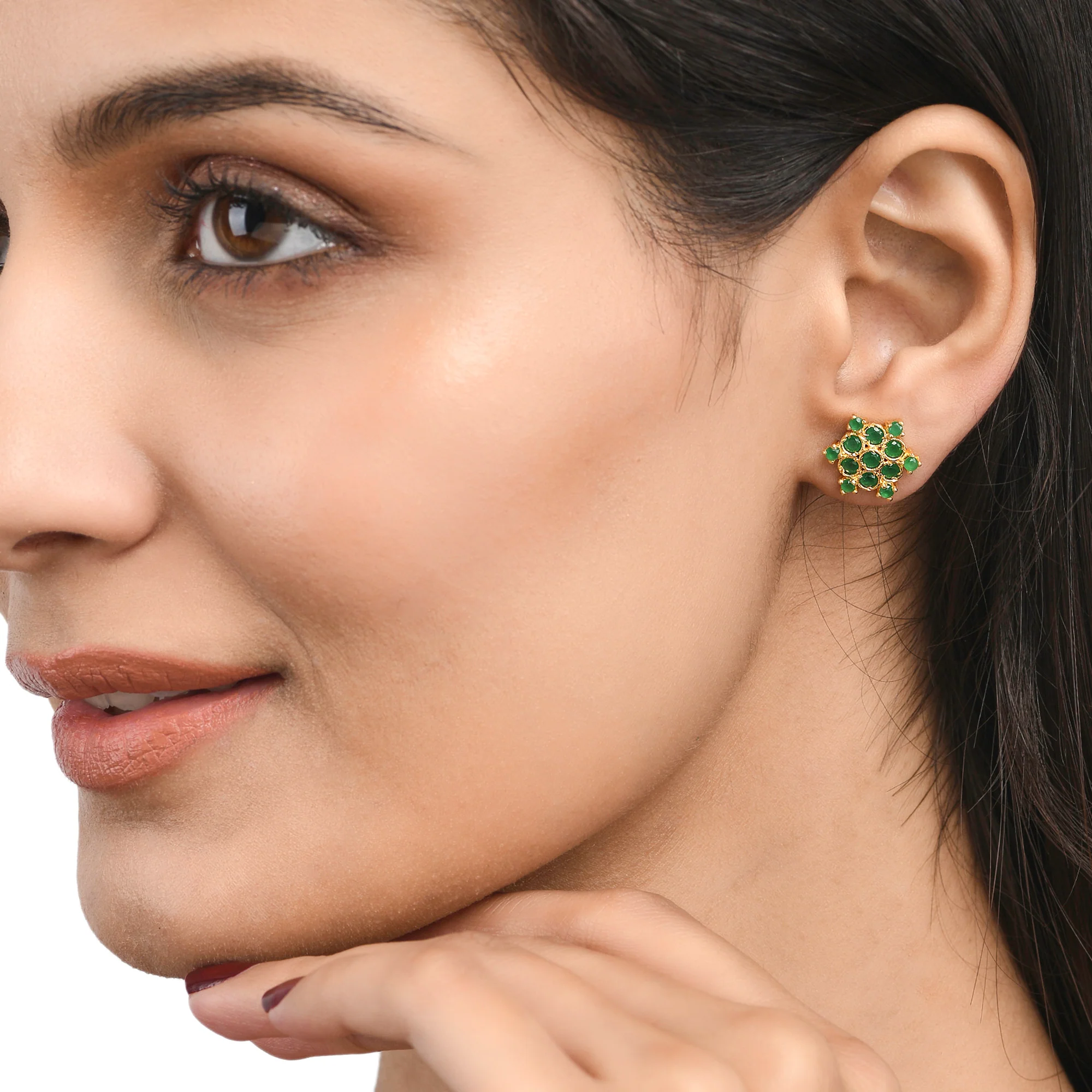 Green Round Cut Zircons Gold Plated Stud Earrings - Image 2