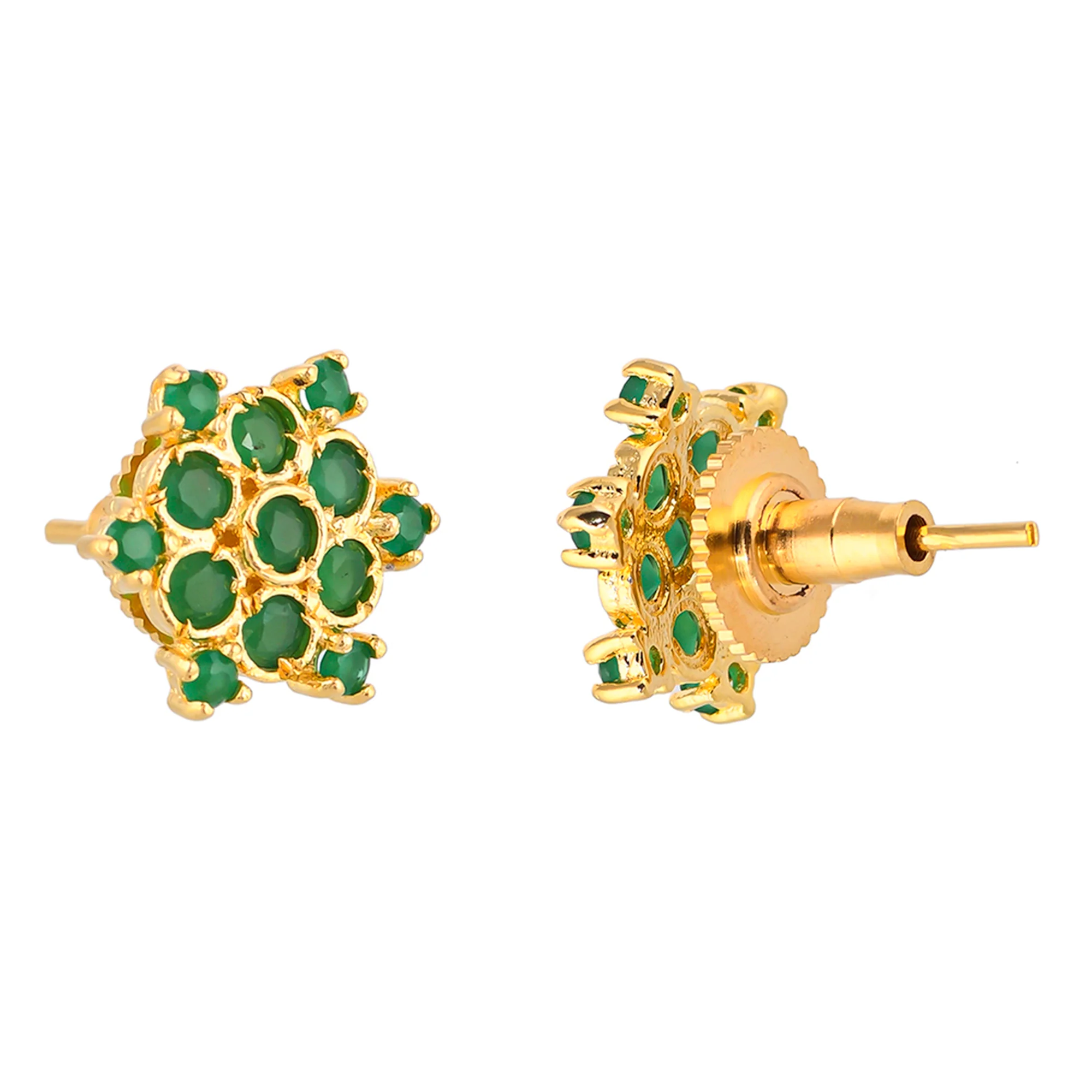 Green Round Cut Zircons Gold Plated Stud Earrings - Image 5