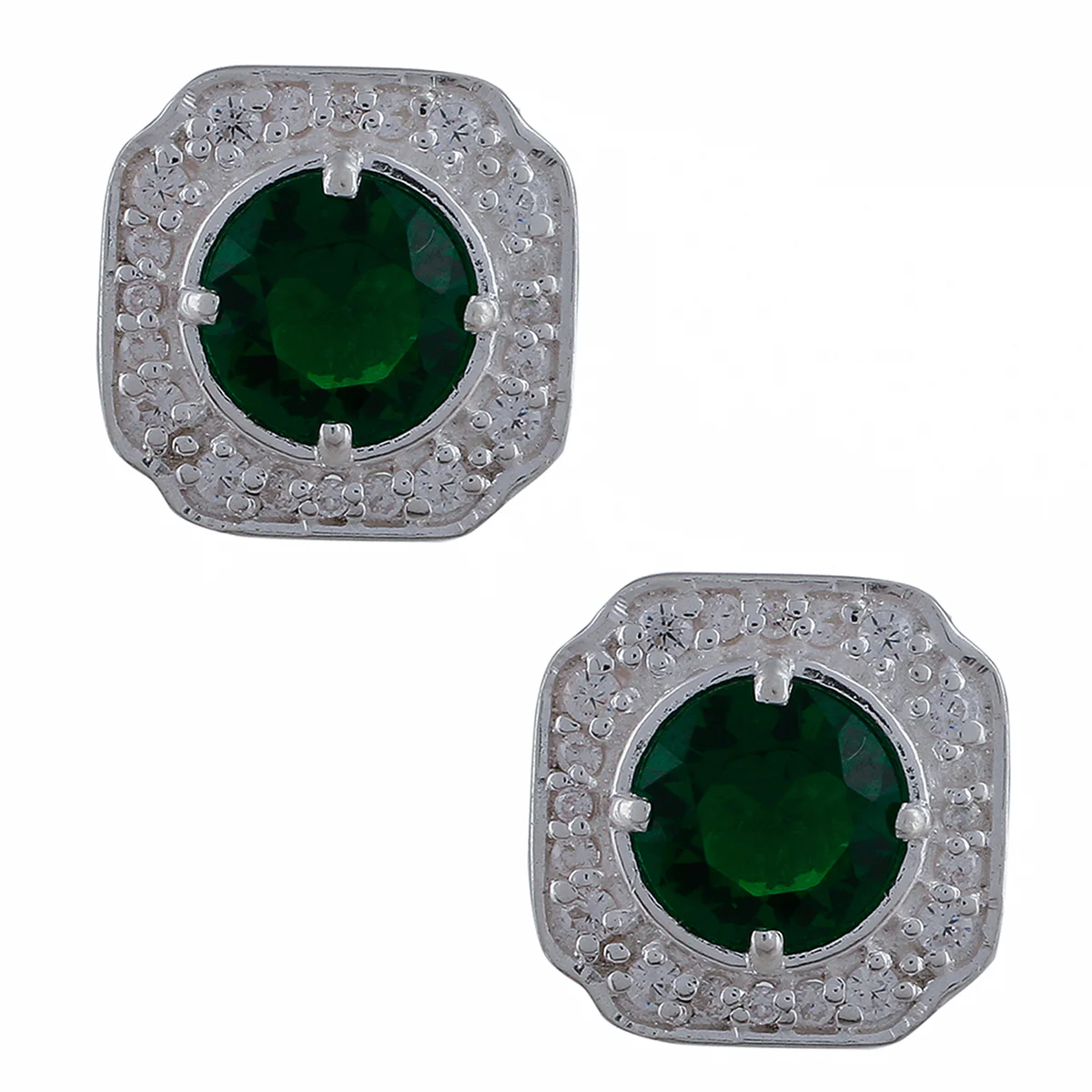 Green Stone Decked 925 Sterling Silver Ear Studs - Image 3