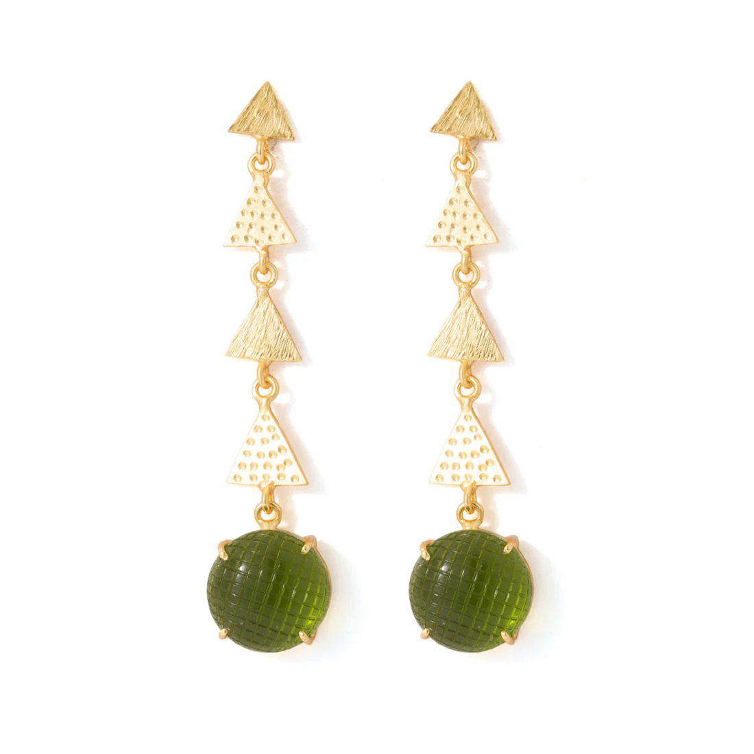 Green Stone Decked Golden Dangler Earrings - Image 3